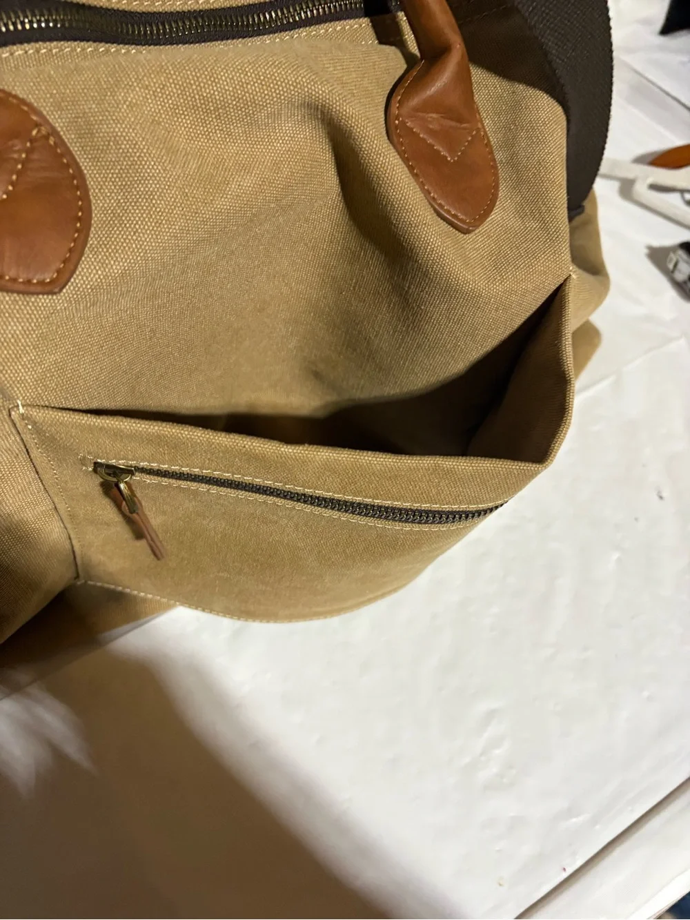 New shows Canvas Duffel Travel Bag in Tan with Brown Trim
